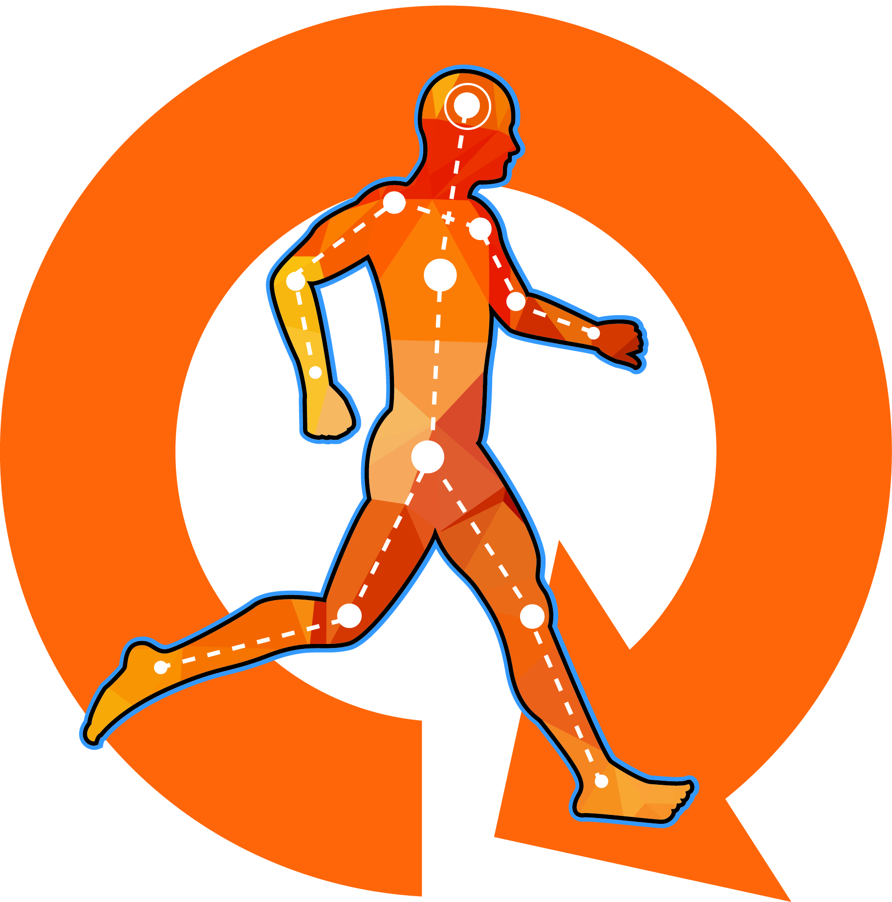 Q logo showing walking man